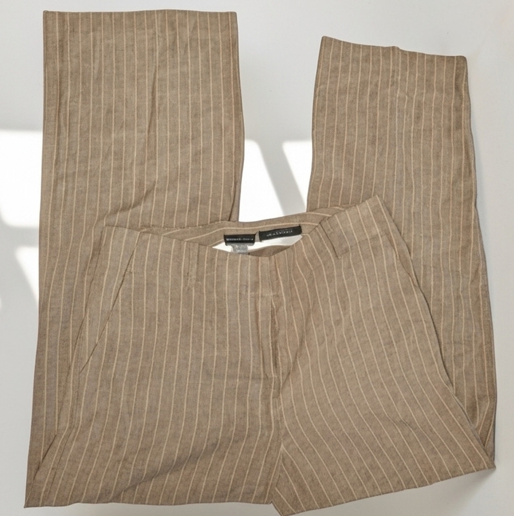 Striped Pants Trousers 8 Tan A Yellow Green Wide Leg pin stripe Fisherman Office